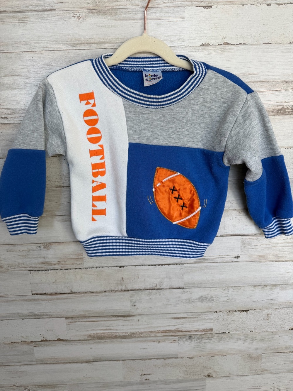 Kids Vintage Football Sweatshirt - Blue, Gray & White with Orange Accent